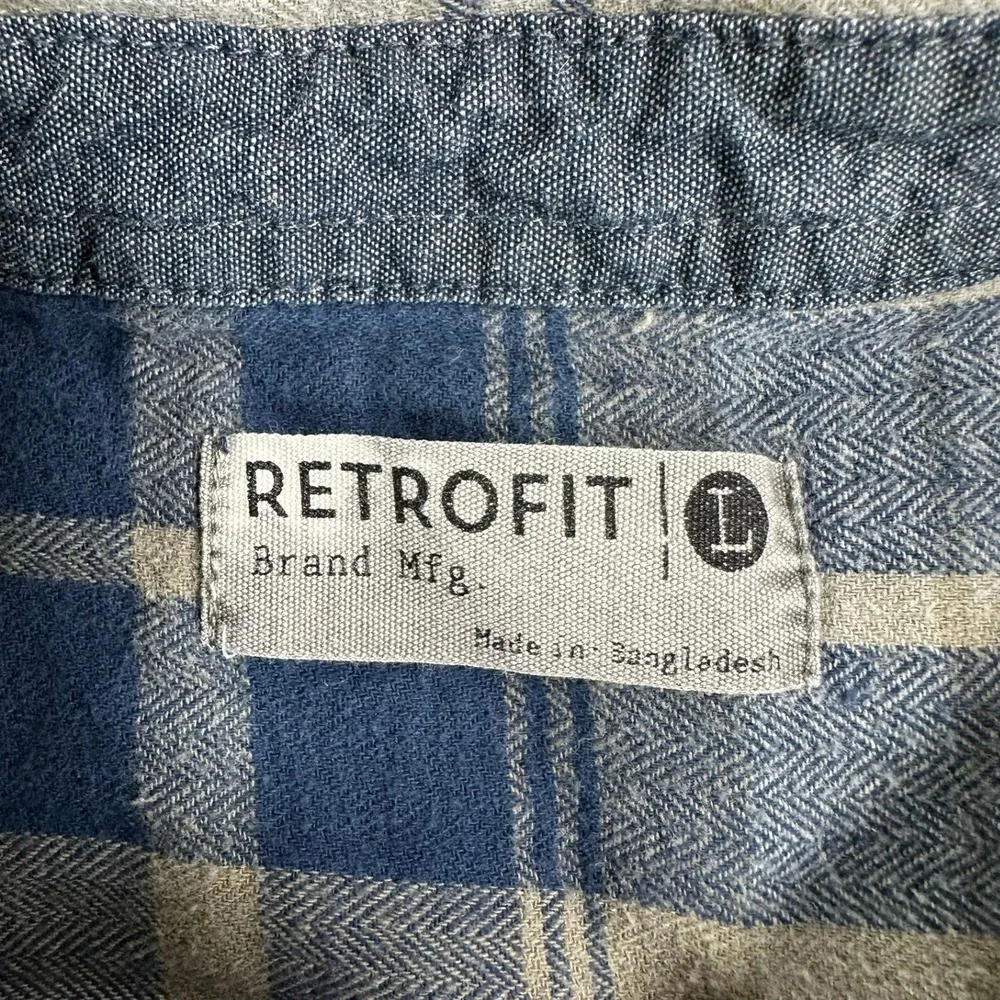 Retrofit Mens‎ Large Plaid Distressed Flannel Shirt Blue Tan Grunge